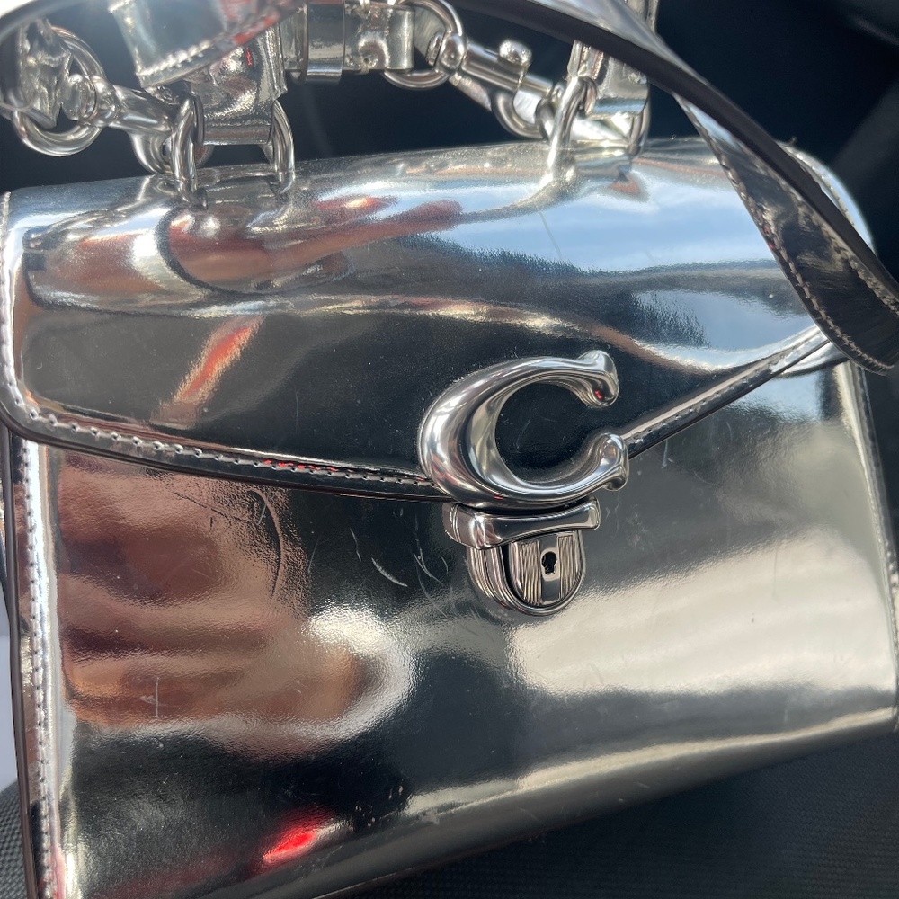 Coach Sammy Top Handle HandBag 21 In Silver Metallic Leather